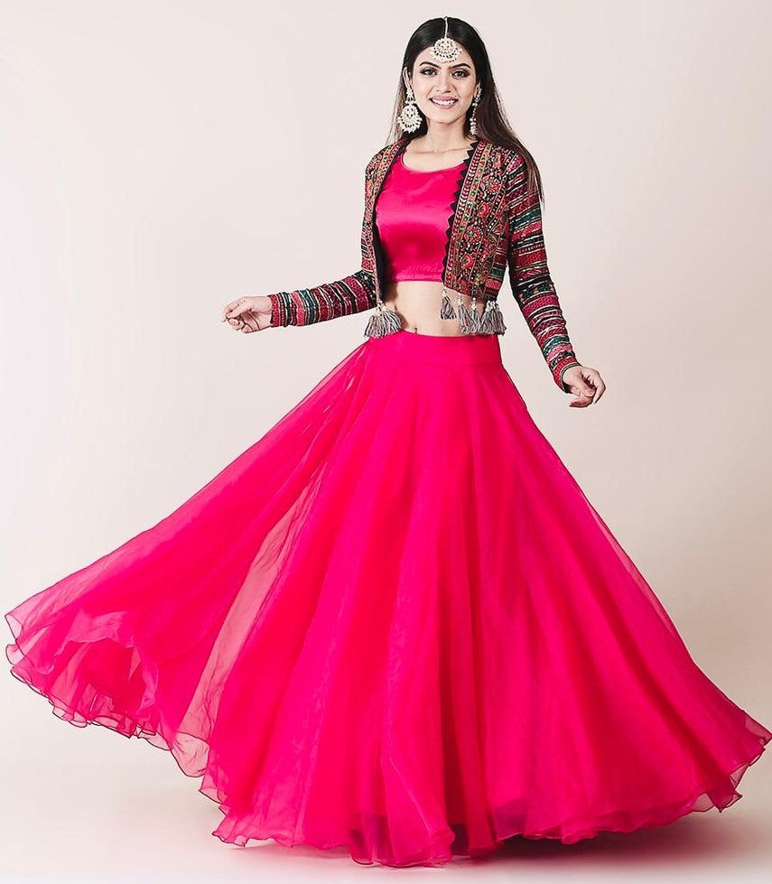 Rani pink organza indowestern lehenga choli with heavy embroidered jacket