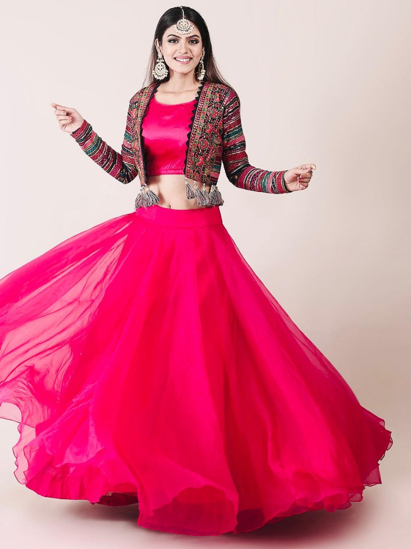 Rani pink organza indowestern lehenga choli with heavy embroidered jacket
