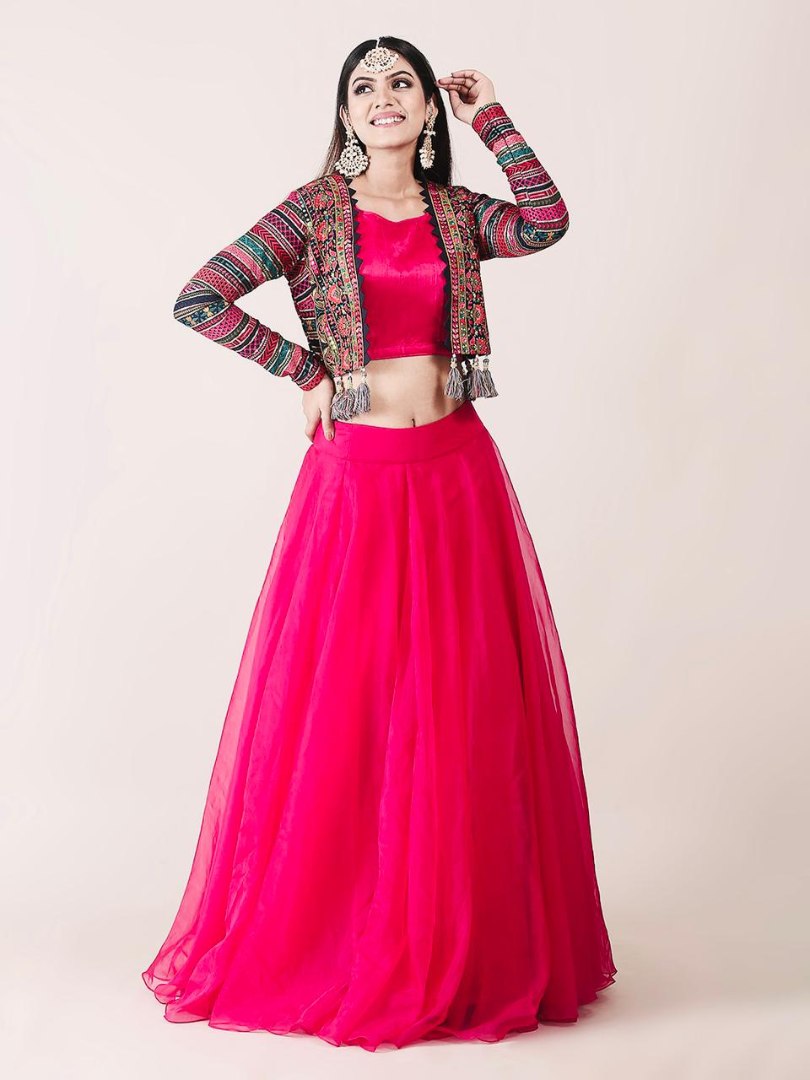 Rani pink organza indowestern lehenga choli with heavy embroidered jacket