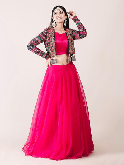 Rani pink organza indowestern lehenga choli with heavy embroidered jacket