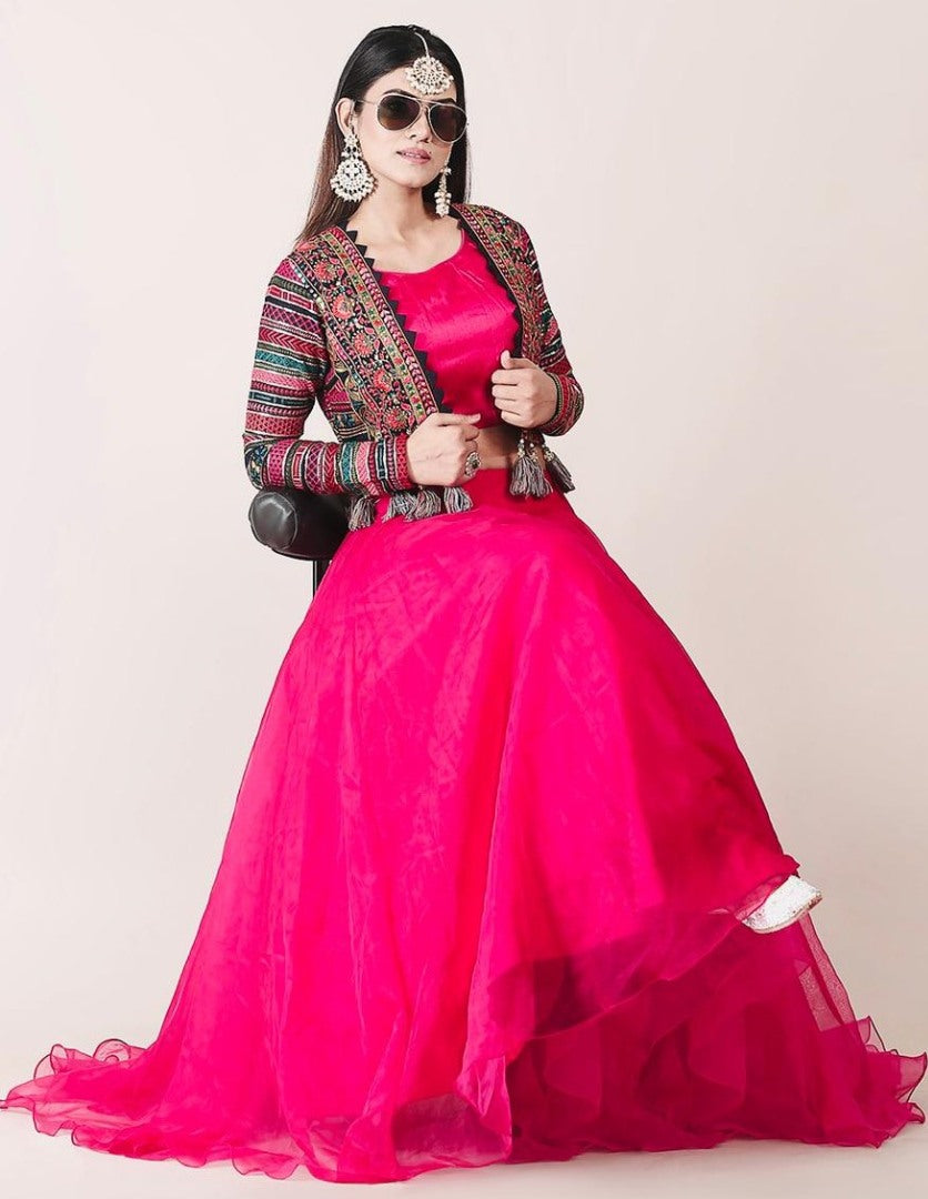Rani pink organza indowestern lehenga choli with heavy embroidered jacket