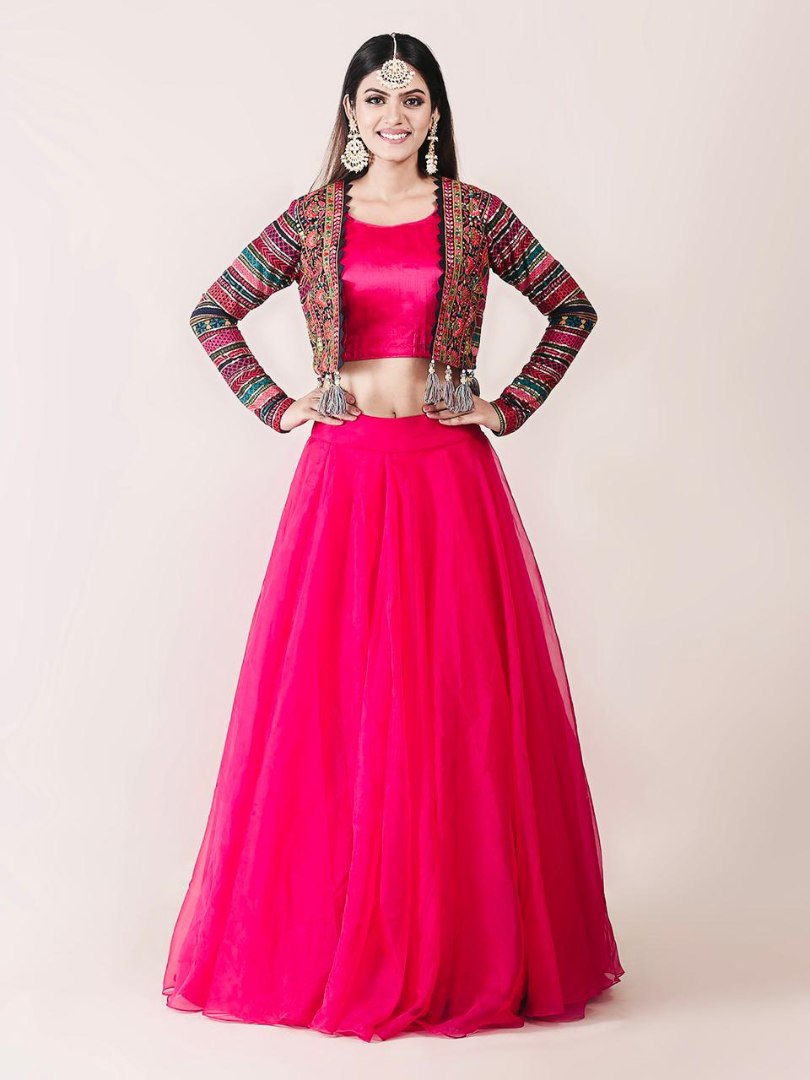 Rani pink organza indowestern lehenga choli with heavy embroidered jacket