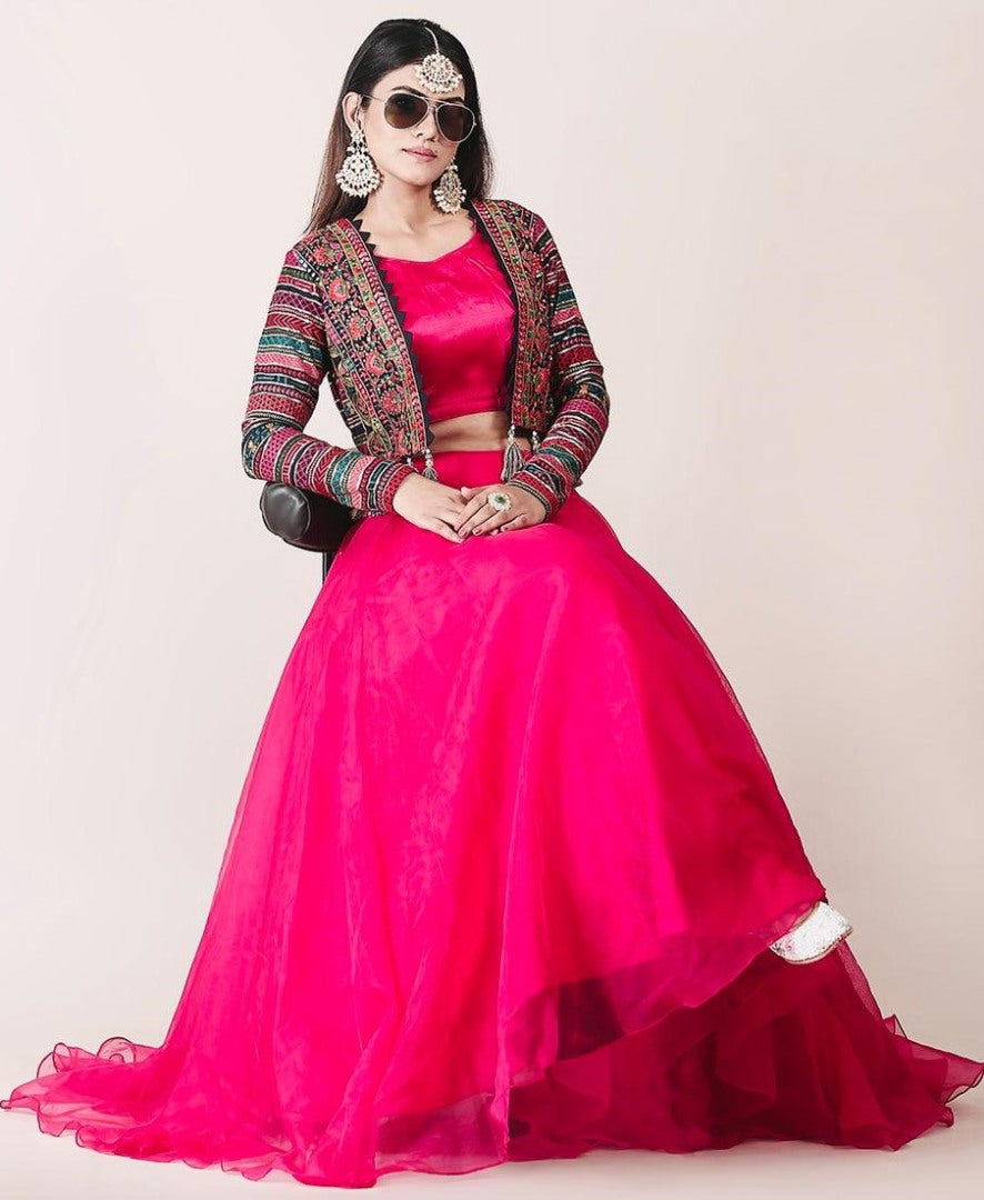 Rani pink organza indowestern lehenga choli with heavy embroidered jacket