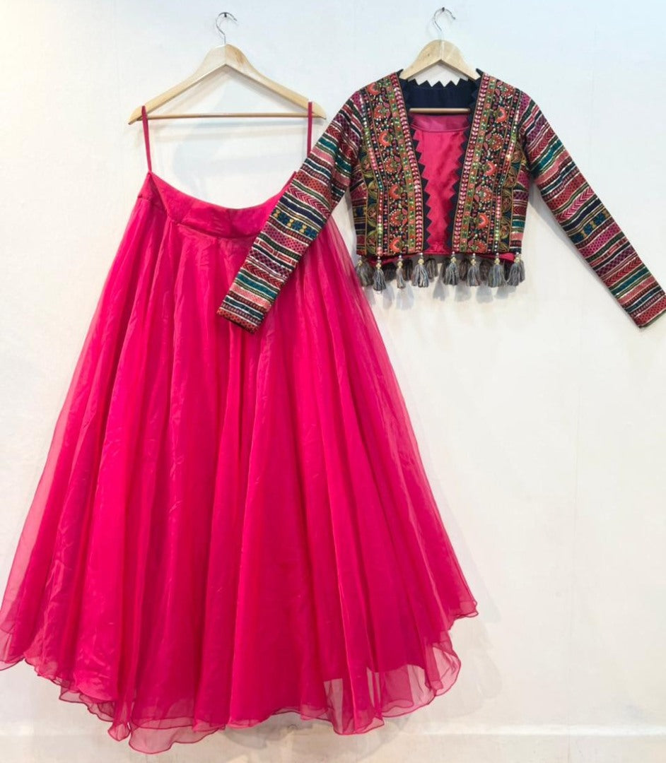 Rani pink organza indowestern lehenga choli with heavy embroidered jacket