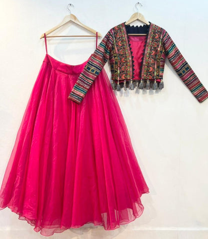 Rani pink organza indowestern lehenga choli with heavy embroidered jacket
