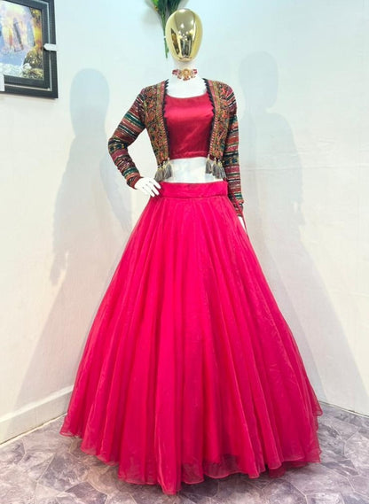 Rani pink organza indowestern lehenga choli with heavy embroidered jacket