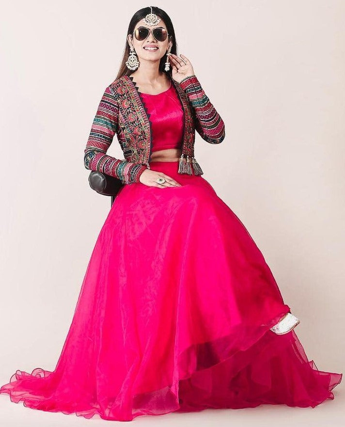 Rani pink organza indowestern lehenga choli with heavy embroidered jacket