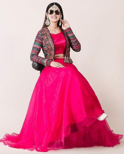Rani pink organza indowestern lehenga choli with heavy embroidered jacket