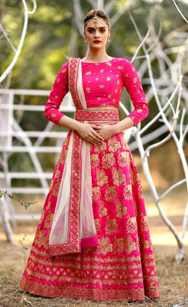 Rani pink silk designer embroidered heavy bridal lehenga choli