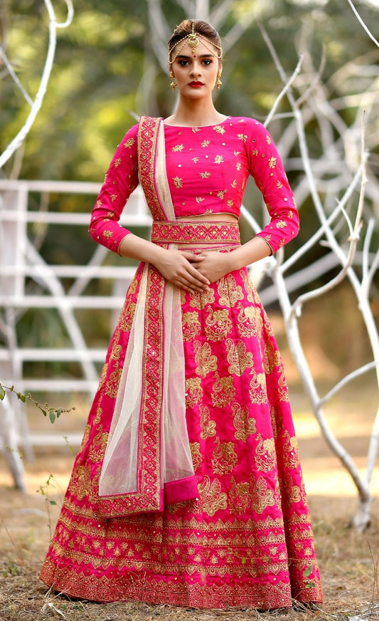 Rani pink silk designer embroidered heavy bridal lehenga choli