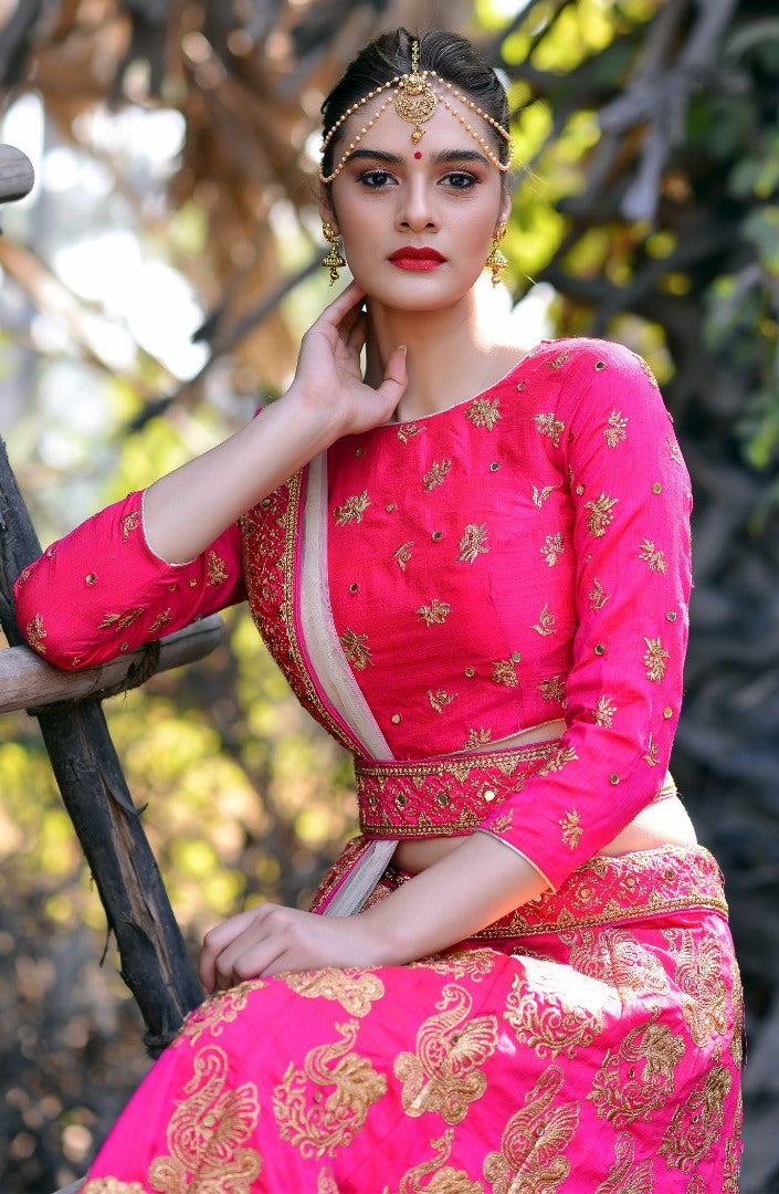 Rani pink silk designer embroidered heavy bridal lehenga choli