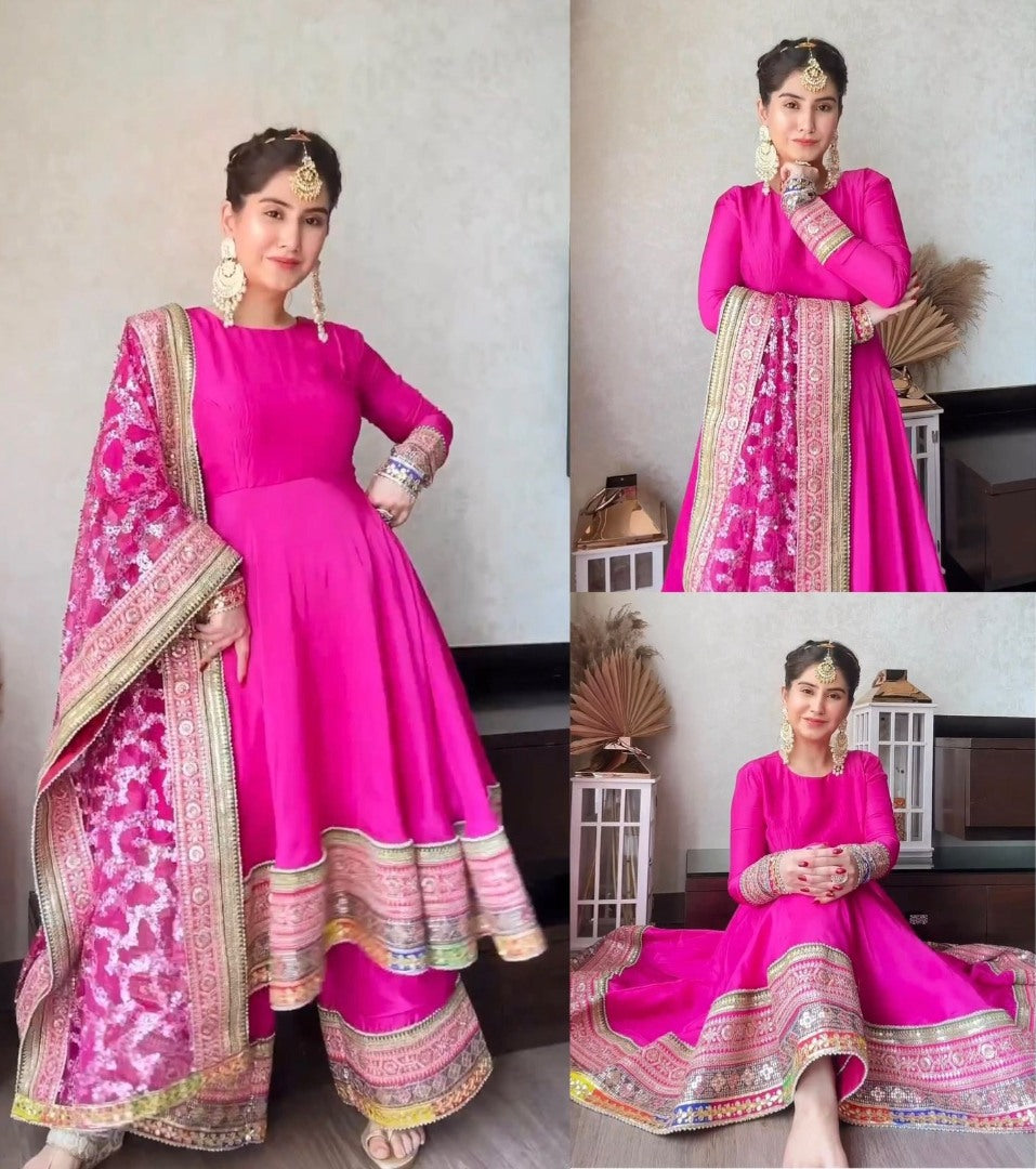 Rani pink tapeta silk thread sequence work designer palazzo suit