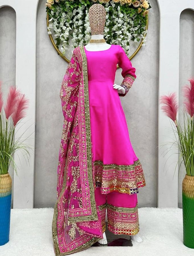 Rani pink tapeta silk thread sequence work designer palazzo suit