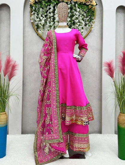 Rani pink tapeta silk thread sequence work designer palazzo suit