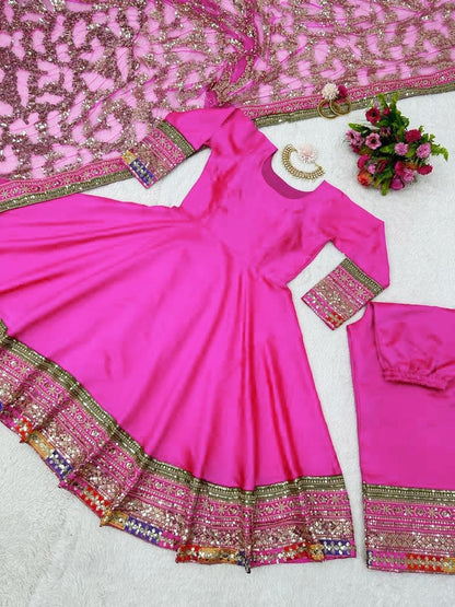 Rani pink tapeta silk thread sequence work designer palazzo suit