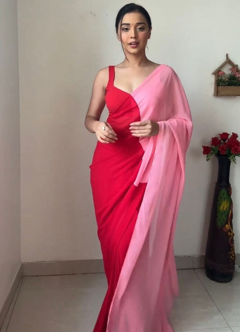 Red and baby pink georgette printed alia bhatt bollywood saree