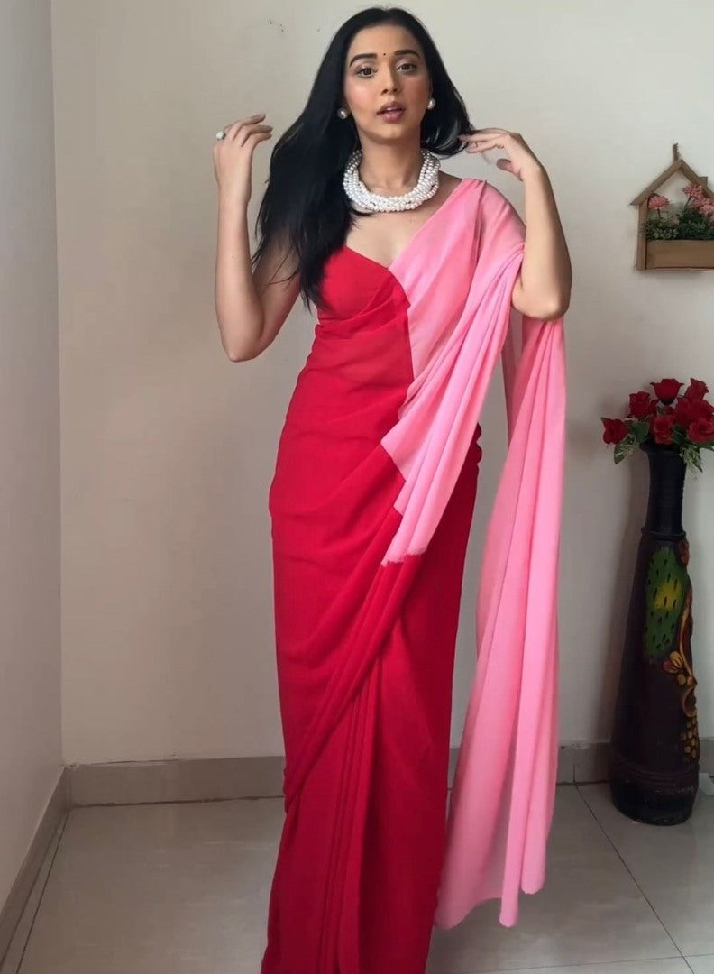 Red and baby pink georgette printed alia bhatt bollywood saree