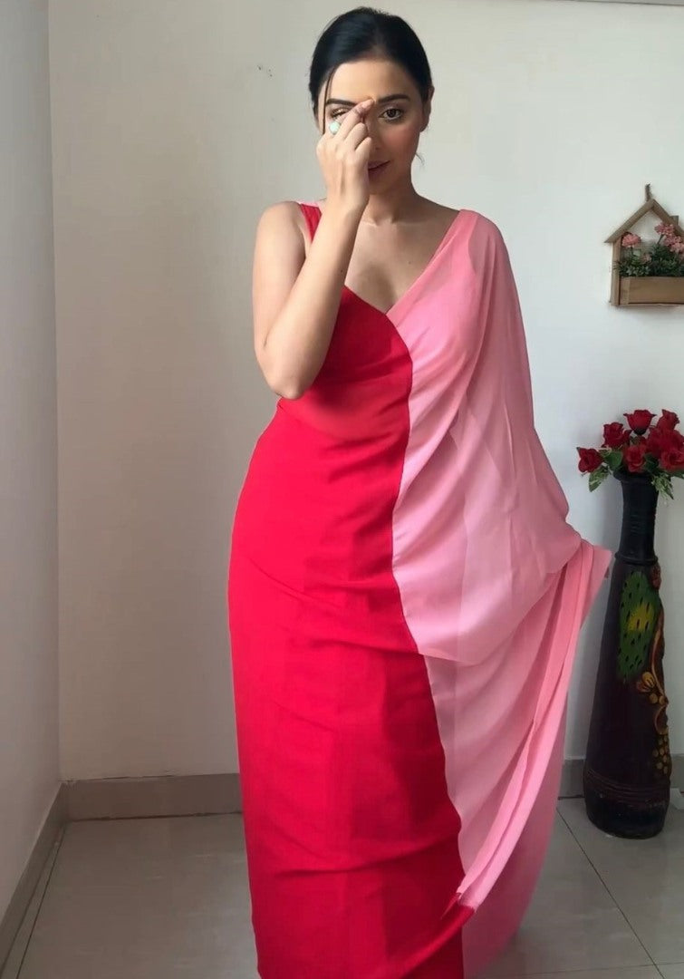 Red and baby pink georgette printed alia bhatt bollywood saree