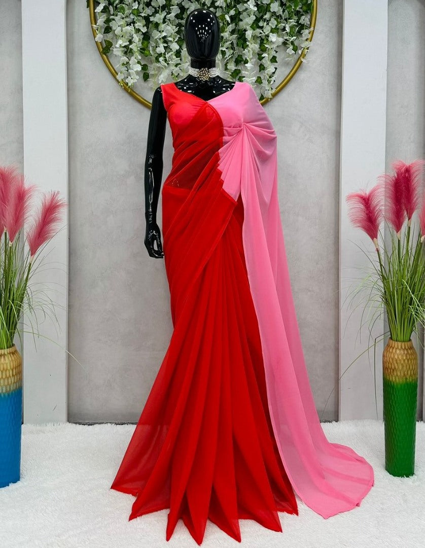 Red and baby pink georgette printed alia bhatt bollywood saree