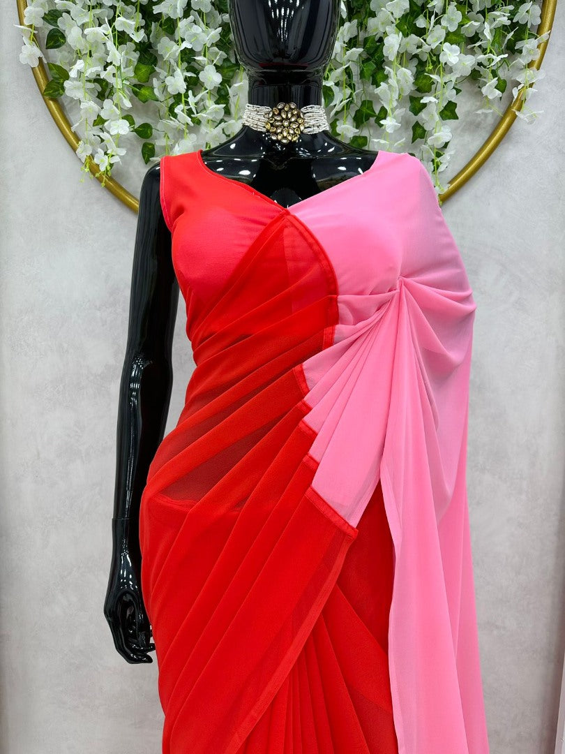 Red and baby pink georgette printed alia bhatt bollywood saree