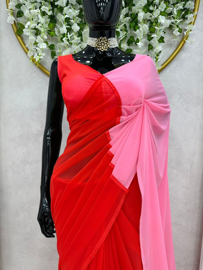 Red and baby pink georgette printed alia bhatt bollywood saree