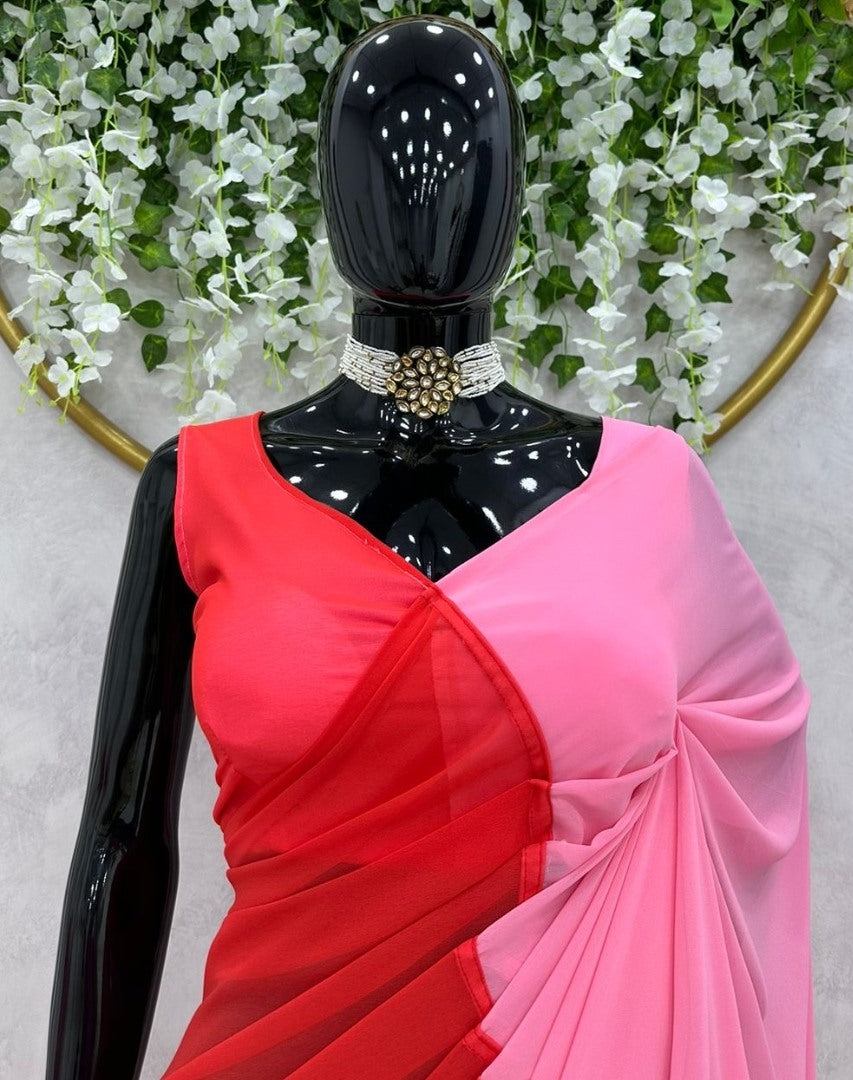 Red and baby pink georgette printed alia bhatt bollywood saree