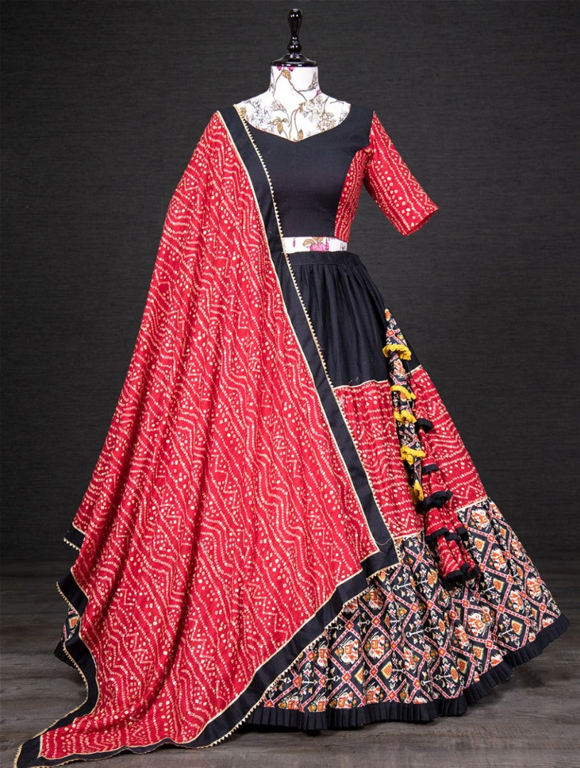 Red and black pure cotton printed navratri festival lehenga choli