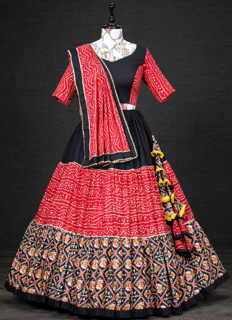 Red and black pure cotton printed navratri festival lehenga choli