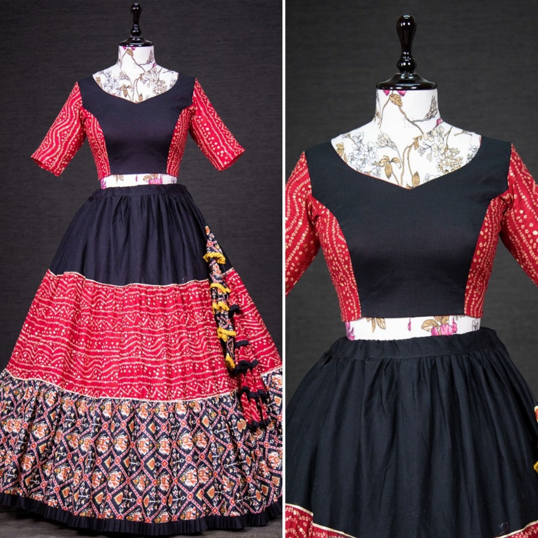Red and black pure cotton printed navratri festival lehenga choli
