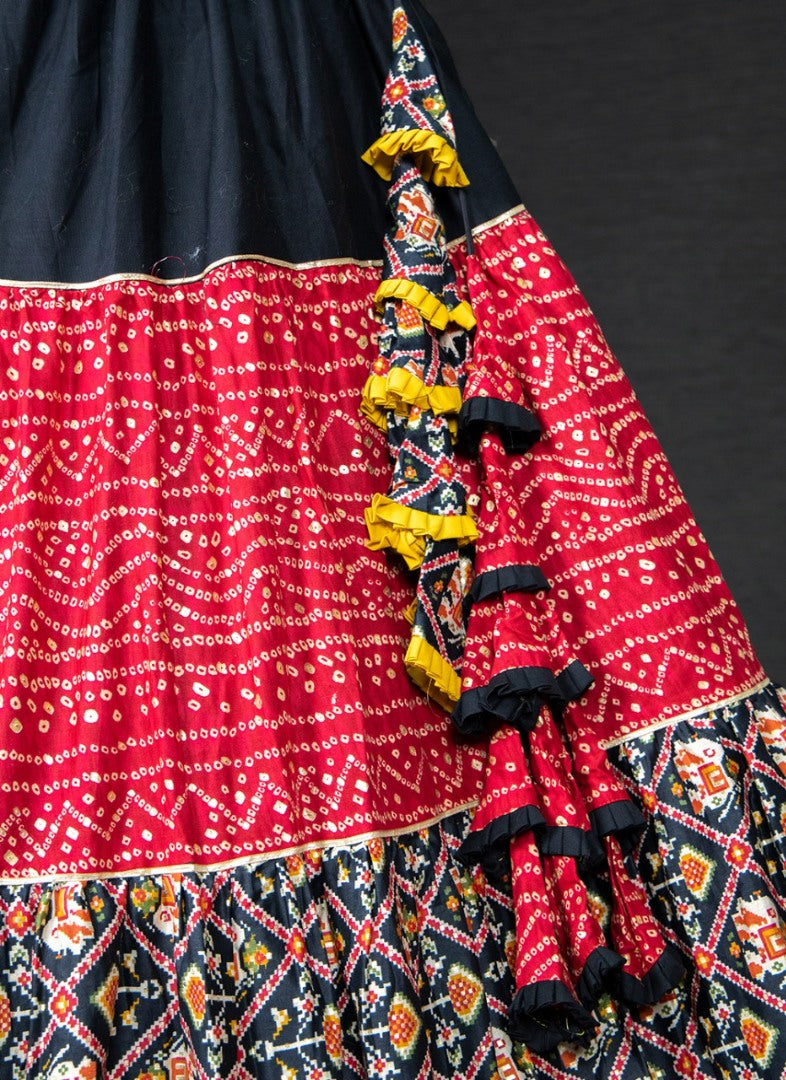 Red and black pure cotton printed navratri festival lehenga choli