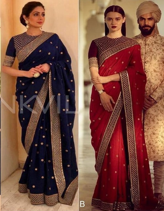 Red and Blue georgette embroidered wedding saree