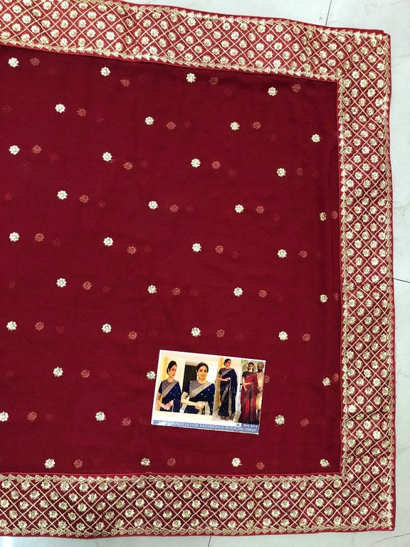 Red and Blue georgette embroidered wedding saree