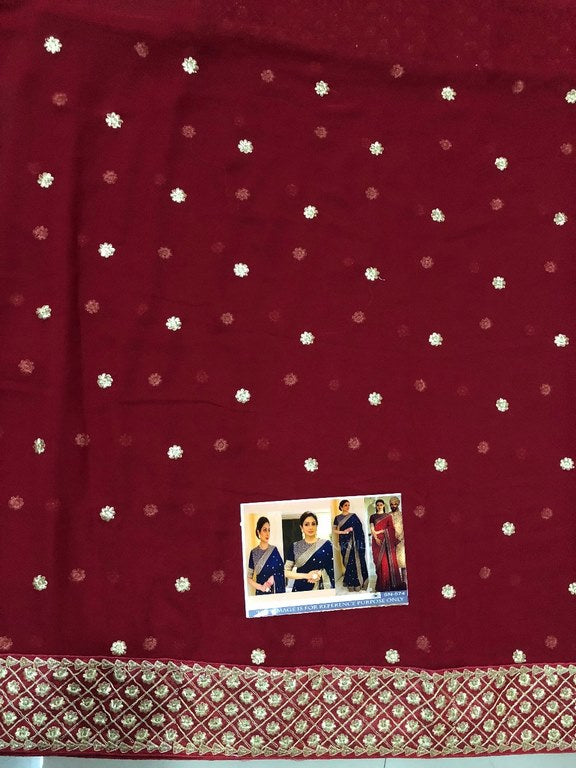 Red and Blue georgette embroidered wedding saree