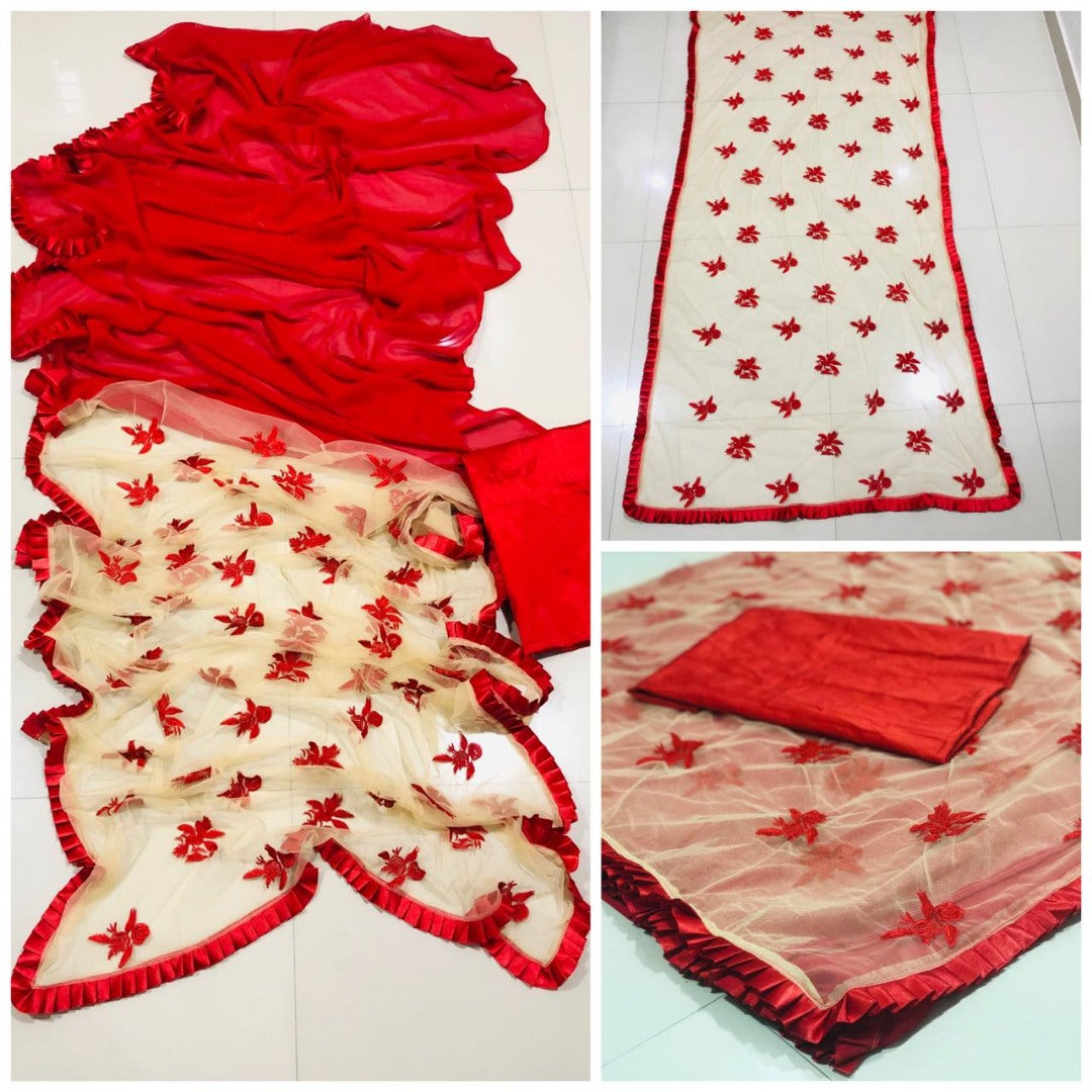 red and cream half half embroidered partywear saree