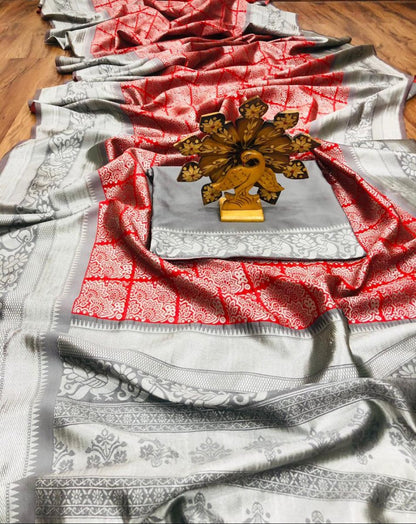Red and grey banarasi silk jacquard designer saree