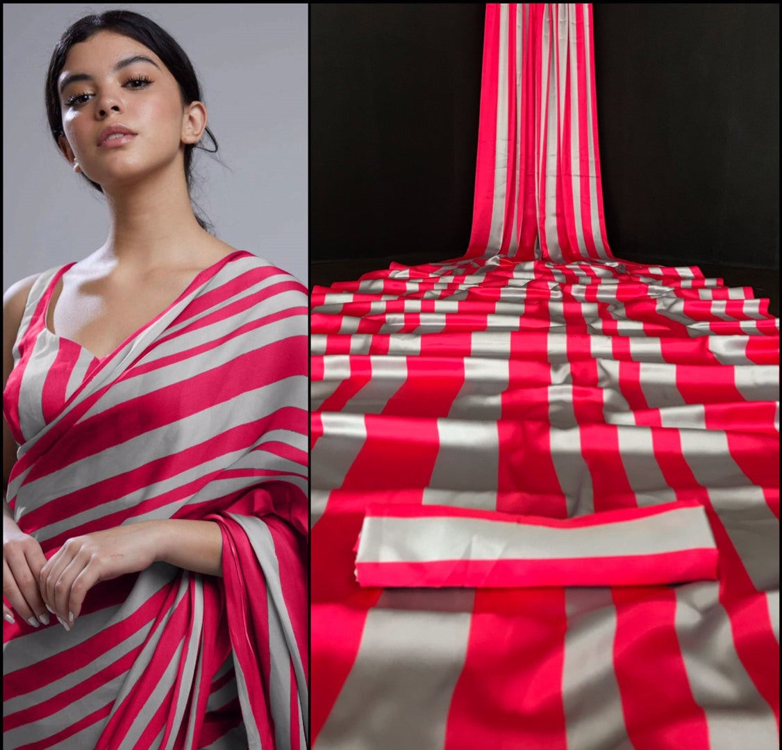 Red and grey stripe printed party wear saree