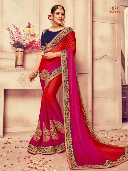 Red and pink rangoli padding silk heavy embroidered wedding saree