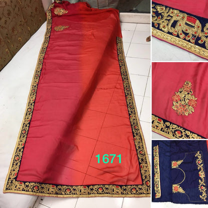 Red and pink rangoli padding silk heavy embroidered wedding saree