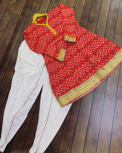 Red and white asam silk dhoti suit