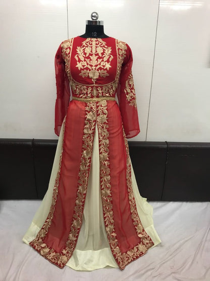red and white georgette embroidered indowestern lehenga