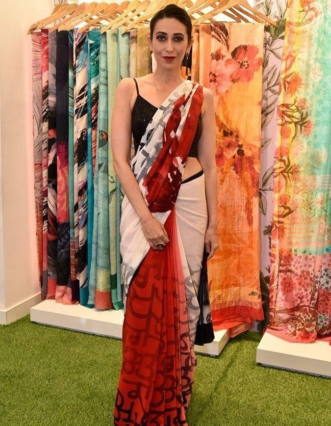 Red and white multi shaded printed stylist saree