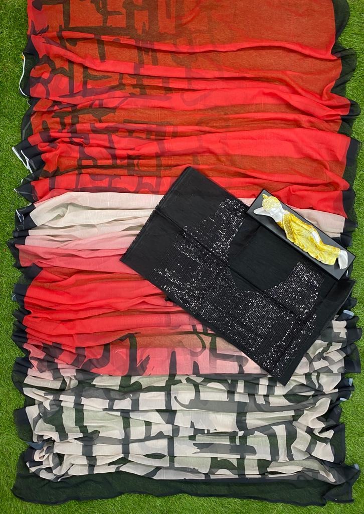 Red and white multi shaded printed stylist saree