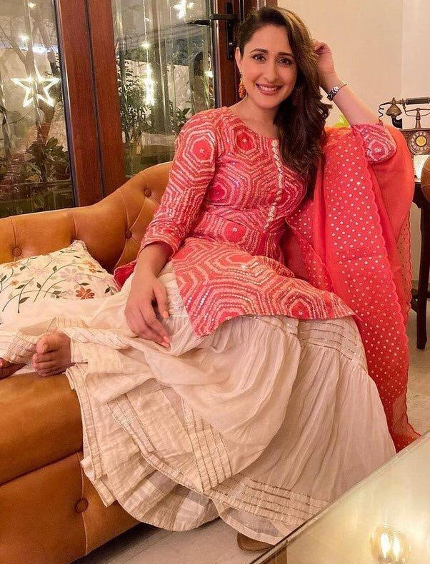 Red and white sequence and thread embroidered sharara salwar suit