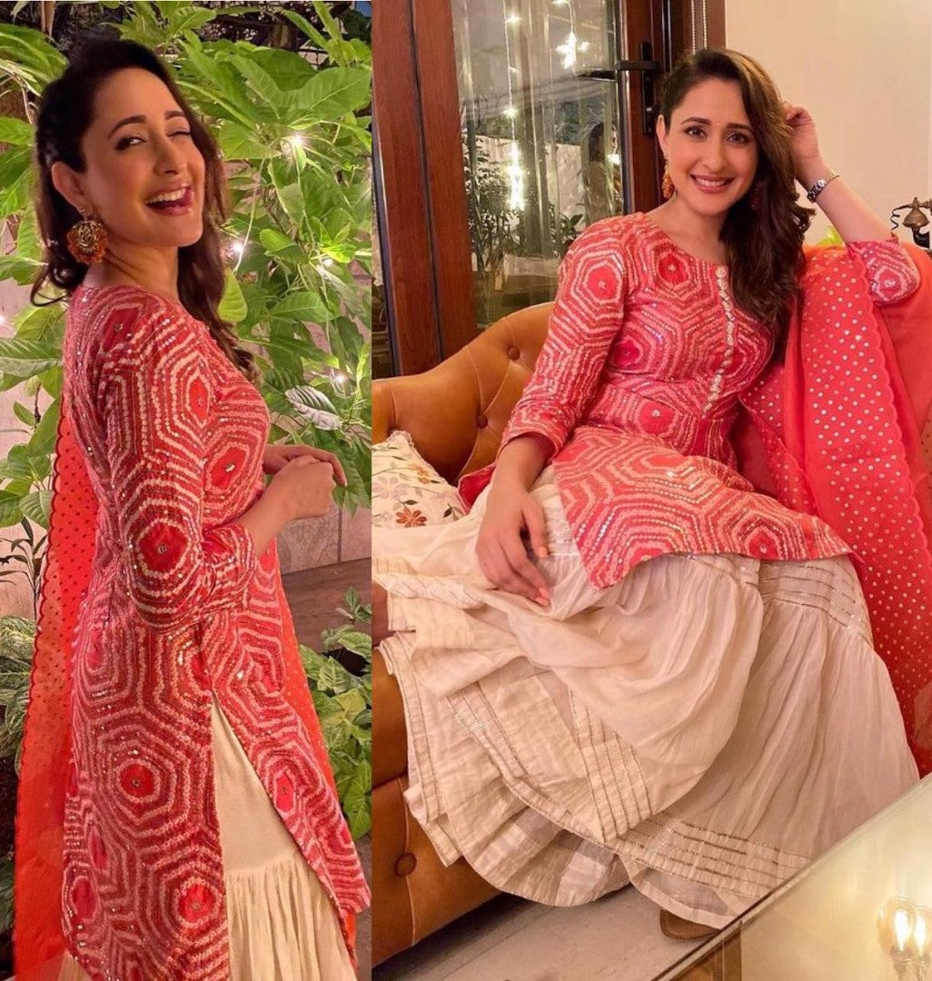 Red and white sequence and thread embroidered sharara salwar suit