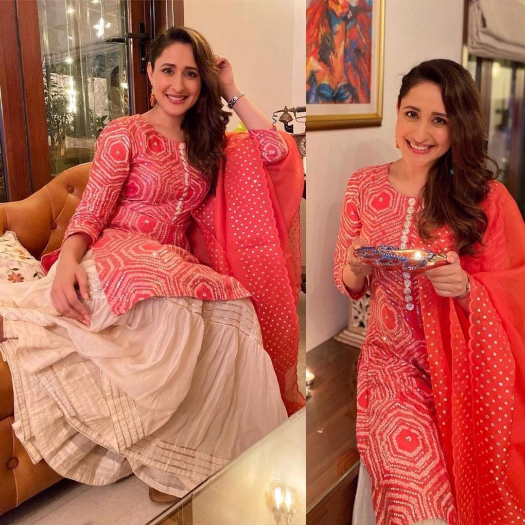 Red and white sequence and thread embroidered sharara salwar suit