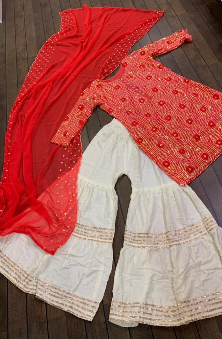 Red and white sequence and thread embroidered sharara salwar suit
