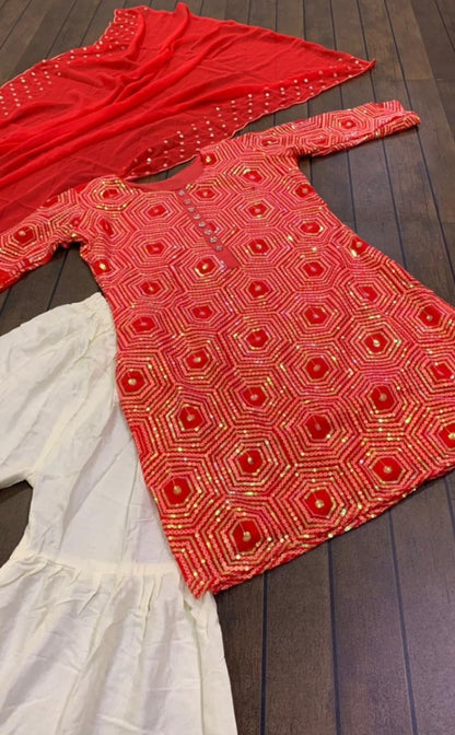 Red and white sequence and thread embroidered sharara salwar suit