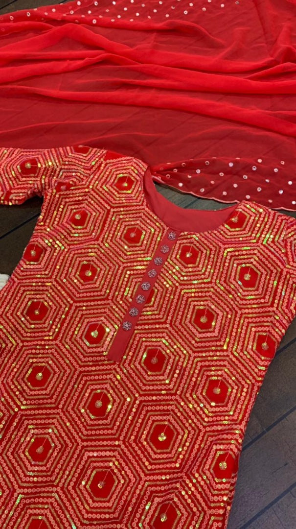 Red and white sequence and thread embroidered sharara salwar suit