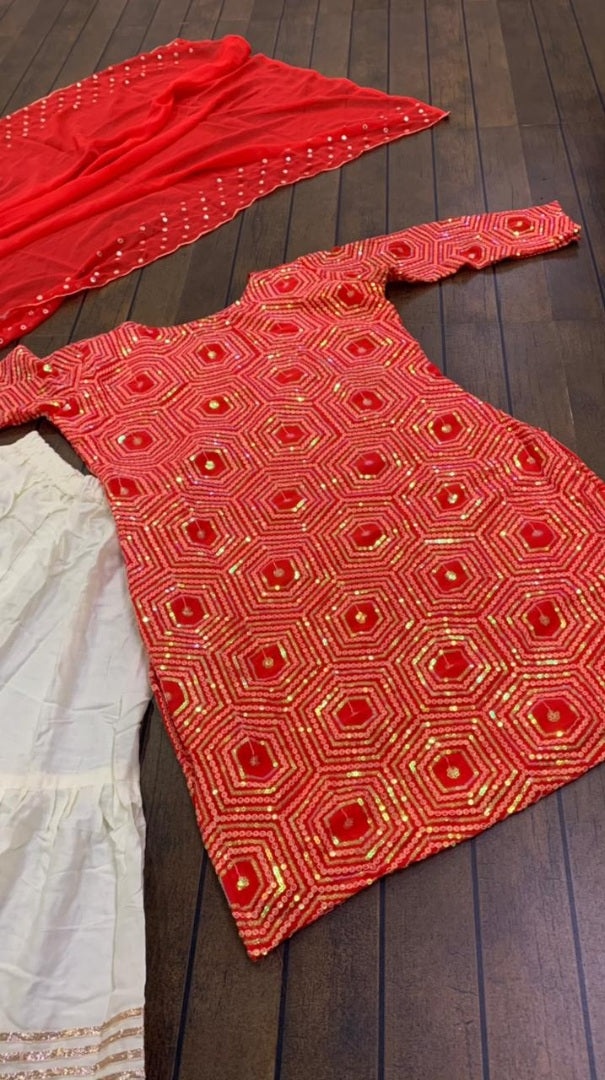 Red and white sequence and thread embroidered sharara salwar suit