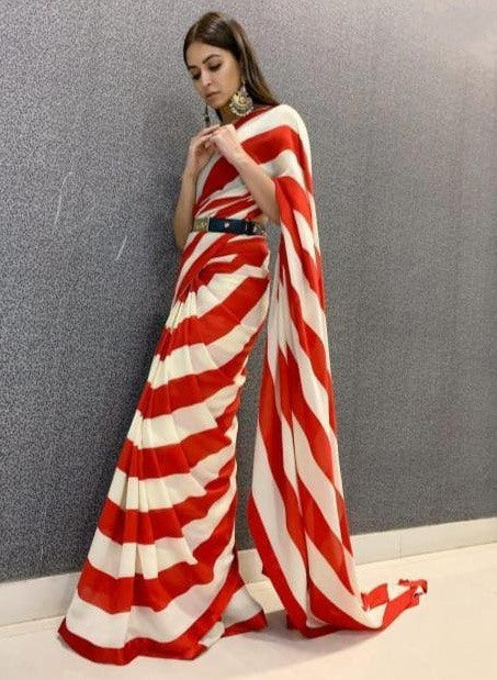 Red and white strip stylist partywear saree
